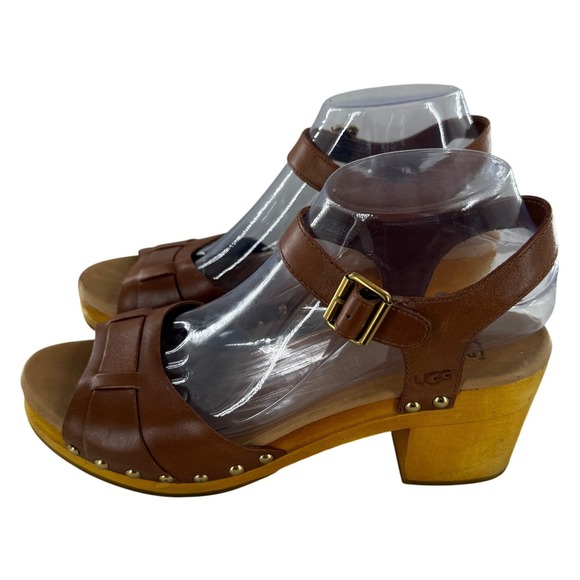 UGG Brown Leather Heeled Sandals Wooden Clogs Buckle Accents Women's 9 Retro - Picture 3 of 9